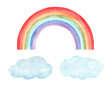 Rainbow and clouds watercolor clipart. Hand painted illustration. Graphics for kids decor, invitations, wall art.