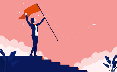 Wall Mural - Career woman taking steps to success - climbing the corporate ladder and waving flag on top. Vector illustration.