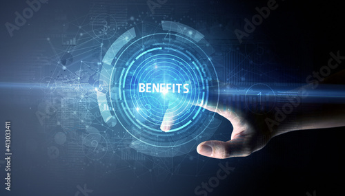 Obraz Dibond Hand touching BENEFITS button, modern business technology concept