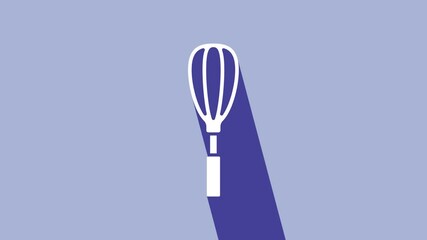 Poster - White Kitchen whisk icon isolated on purple background. Cooking utensil, egg beater. Cutlery sign. Food mix symbol. 4K Video motion graphic animation