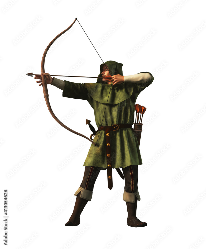 Robin Hood the outlaw archer of medieval England draws back and arrow. This  legendary hero of folklore is clad in green and is armed with sword and  long bow. 3D rendering. 스톡