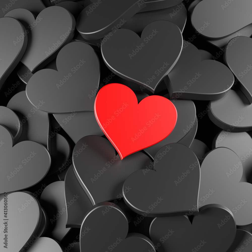 Black and red hearts background. Concept for Valentine’s Day, Women’s Day, and others. 3D Rendering - obrazy, fototapety, plakaty 