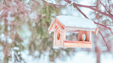 Snow Covered Wooden Bird Feeder Hanging In The Winter Forest