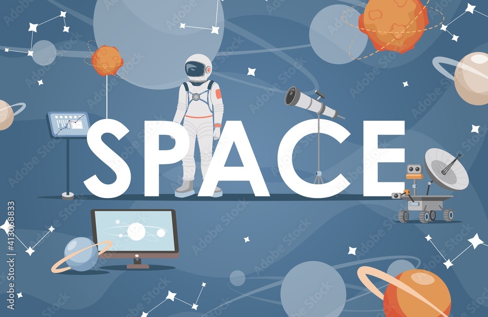 Space Topic Header Space word banner template. Astronaut, rover, planets, stars, moon and ...