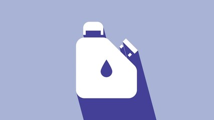 Sticker - White Canister for flammable liquids icon isolated on purple background. Oil or biofuel, explosive chemicals, dangerous substances. 4K Video motion graphic animation