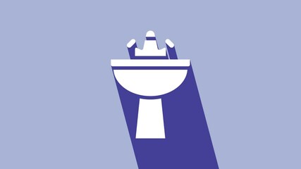 Poster - White Washbasin with water tap icon isolated on purple background. 4K Video motion graphic animation