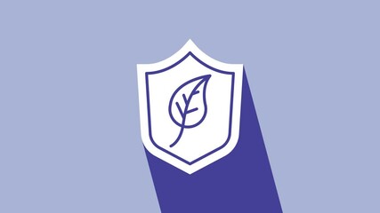 Poster - White Shield with leaf icon isolated on purple background. Eco-friendly security shield with leaf. 4K Video motion graphic animation