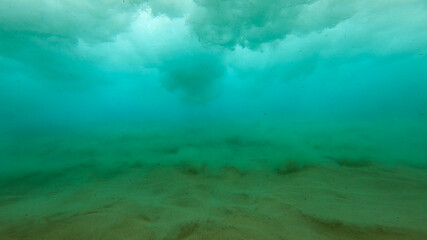 Wall Mural - Underwater shot of the sea surface with waves on a sunny day
