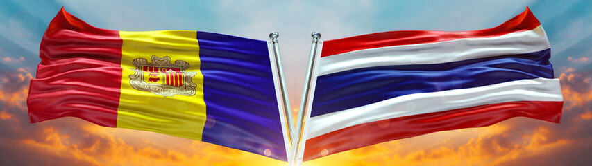 Thailand Flag and Andorra flag waving with texture sky Cloud and sunset Double flag