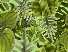 Seamless Tropical Leaves Pattern Background, Retro Botanical Style. Stylish Tropic Print. Tropical Leaf Fashion Pattern.