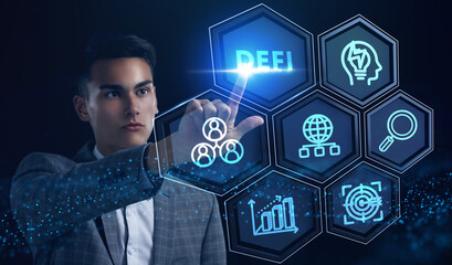 defi -decentralized finance on dark blue abstract polygonal background. concept of blockchain, decen