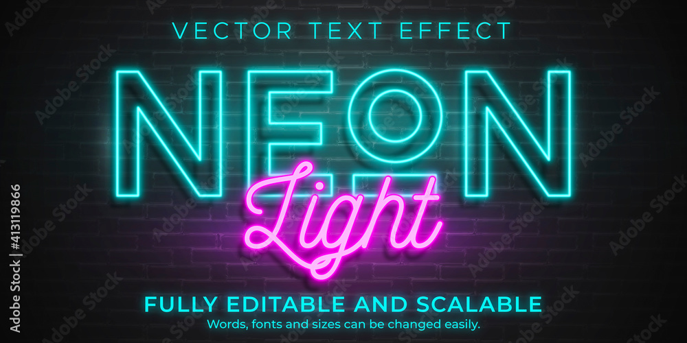 Neon light text effect, editable retro and glowing text style - obrazy, fototapety, plakaty 