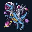 The astronaut drives the t-rex dinosaurs in the outer space full of stars and planets
