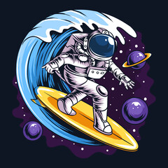 Wall Mural - astronauts surf on a surfboard in space with stars, planets and ocean waves