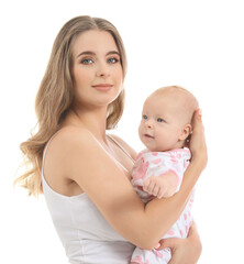 Sticker - Happy mother with cute little baby on white background