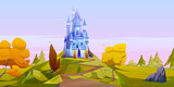 Magic blue castle on green hill with yellow trees. Vector cartoon autumn landscape with road leading to royal palace with towers on meadow in fairytale kingdom