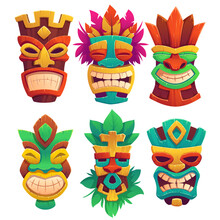 Tiki Masks, Tribal Wooden Totems, Hawaiian Or Polynesian Style Attributes, Scary Faces With Toothy Mouth, Decorated With Leaves Isolated On White Background. Cartoon Vector Illustration, Icons Set