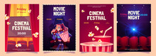 Cinema Festival, Movie Night Cartoon Flyers Set. Young Woman With Pop Corn Bucket Sitting In Dark Theater Hall Front Of Screen Watching Interesting Film. Premiere Promo Posters Vector Illustration,