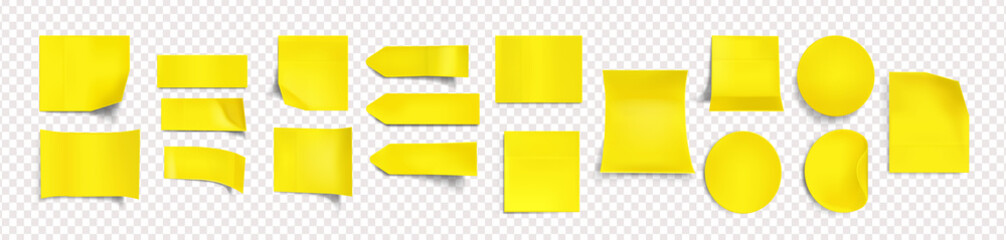 Wall Mural - yellow stickers of different shapes mockup with shadow and curly edges. tags, sticky notes for memo 