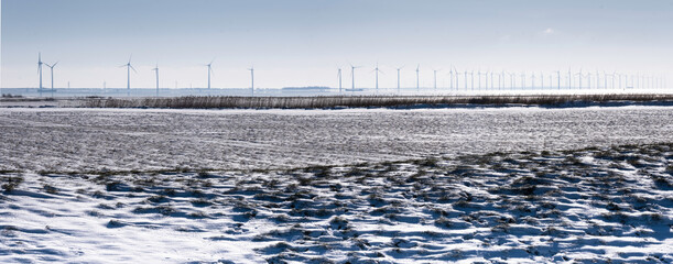 Windmill park Westermeerwind in the IJsselmeer, the largest wind farm offshore in the Netherlands. Winter scene with snow, sun and blue sky. Widescreen