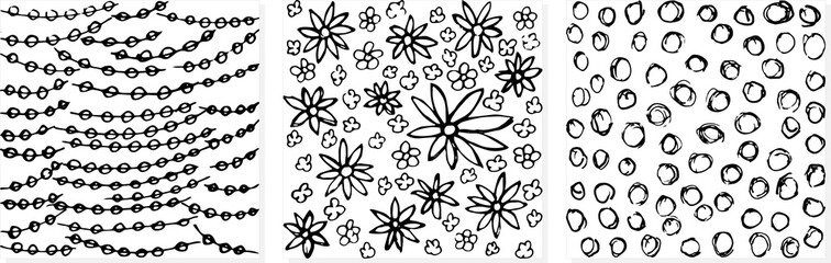 Three simple vector grunge black and white patterns. Set of floral and geometric festive contour textures