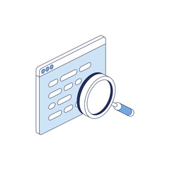 Window code magnifier search. Vector 3d line isometric, color web icons, new flat style. Creative illustration, idea for infographics.