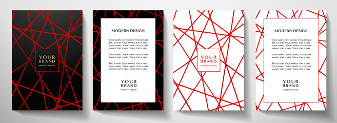 Wall Mural - Modern premium red and black cover design set. Luxury polygon line pattern (triangle texture) background useful for menu cover, business poster, luxury brochure template
