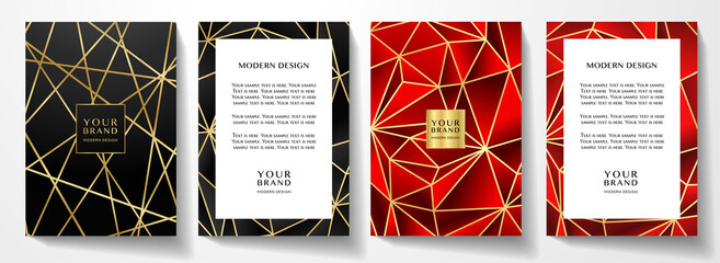 Wall Mural - Modern premium red and black cover design set. Luxury polygon line pattern (triangle texture) background useful for menu cover, business poster, luxury brochure template