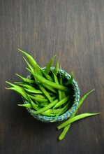 Full Of Nutrition, Organic Guar Green Beans (cluster Beans) In A Basket. View From Above.