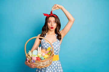 Poster - Portrait of her she nice attractive lovely pretty cute charming funny girlish amazed girl holding in hands basket touching pulling pinup isolated on bright vivid shine vibrant blue color background