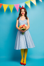 Vertical Full Length Body Size View Of Her She Nice Attractive Lovely Pretty Cheerful Wavy-haired Girl Holding In Hands Colorful Tulips Isolated On Bright Vivid Shine Vibrant Blue Color Background