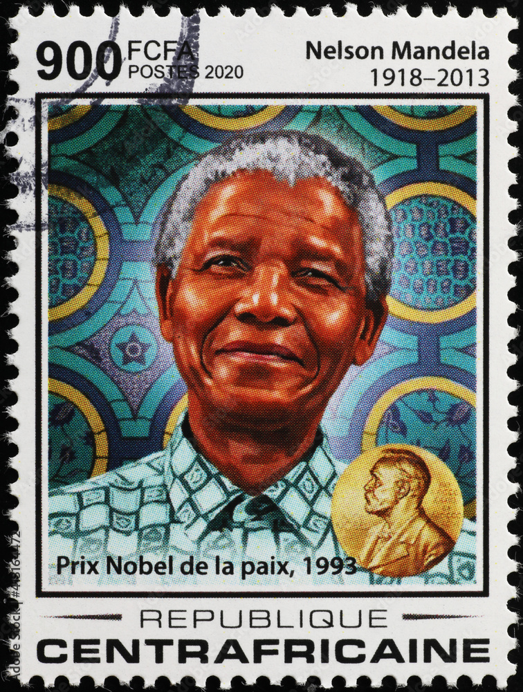 Nobel prize Nelson Mandela on african stamp - obrazy, fototapety, plakaty 