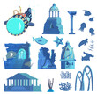 Vector set of sunken ruins of ancient city, submarine, underwater animals and plants silhouettes. Ancient pavilion ,rotunda,  columns, archs, gates, towers, acropolis, wall with window. 