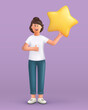 © Анна Тощева - 3D cartoon character. Young woman holding star. Customer review rating and client feedback concept.