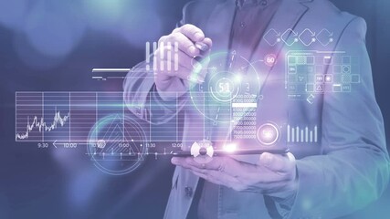 Wall Mural - Businessman works with stock infographics in the virtual panel of the phone.
