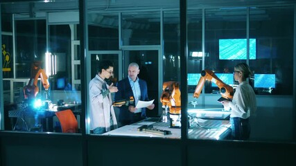 Wall Mural - group of scientists in the laboratory with robots