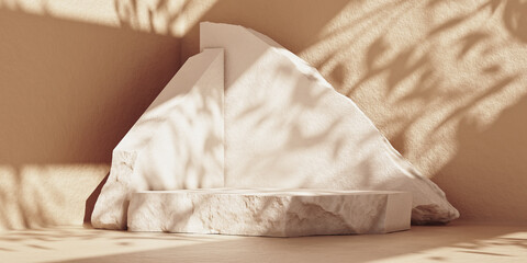 Minimal abstract cosmetic background with stone slabs podium for product presentation. Sunshade shadow on beige wall. 3d rendering mock-up.