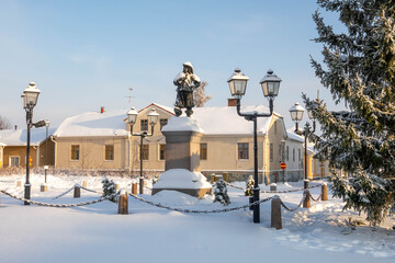 Canvas Print - Main square of Raahe old town in winter time