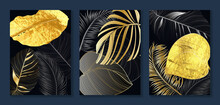 Luxury Gold Wallpaper.  Black And Golden Background. Tropical Leaves Wall Art Design With Dark Blue And Green Color, Shiny Golden Light Texture. Modern Art Mural Wallpaper. Vector Illustration.