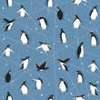 Seamless pattern with little cute penguins skating on blue ice like background