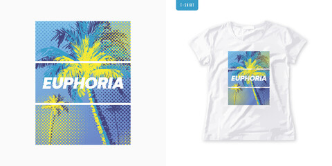 Wall Mural - Summer graphic womens tee with palm trees, stylish print, colorful vector illustration