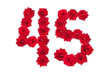 Numeral 45 Made Of Red Roses On A White Isolated Background. Element For Decoration. Forty Five. Red Roses.