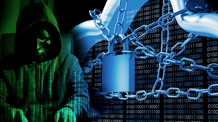 Wall Mural - Double exposure hacker using laptop with binary code digital interface. Concept of cyber attack, virus, malware, cyber war