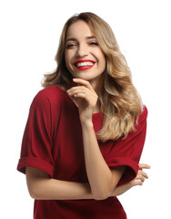 Poster - Happy young woman on white background. Christmas celebration