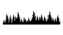 Fir Trees Silhouettes. Coniferous Spruce Horizontal Background Pattern, Black Evergreen Woods Vector Illustration. Beautiful Hand Drawn Panorama Of A Coniferous Forest