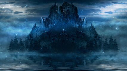 Night fantasy Futuristic landscape with abstract mountains and island on the water, moonlight. Dark natural scene with reflection of light in the water, neon blue light. Dark, dramatic forest. 