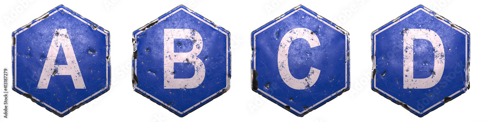 Set of public road signs in blue color with a capital white letter A, B ...