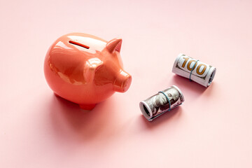 Investment concept. Piggy bank with money, close up