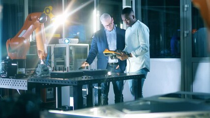 Wall Mural - two male scientists are using an electronic device to operate a robot