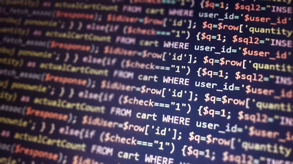 PHP programming language on computer screen. Monitor technology concept. Background of program code. Web dewelopment